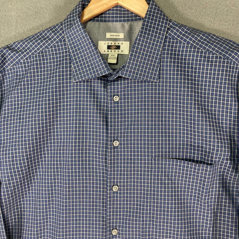 Joseph Abboud Mens XXL Dress‎ Shirt Blue White Gingham Plaid Non Iron Cotton